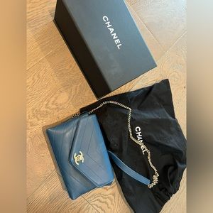 Chanel chevron blue belt bag with chain